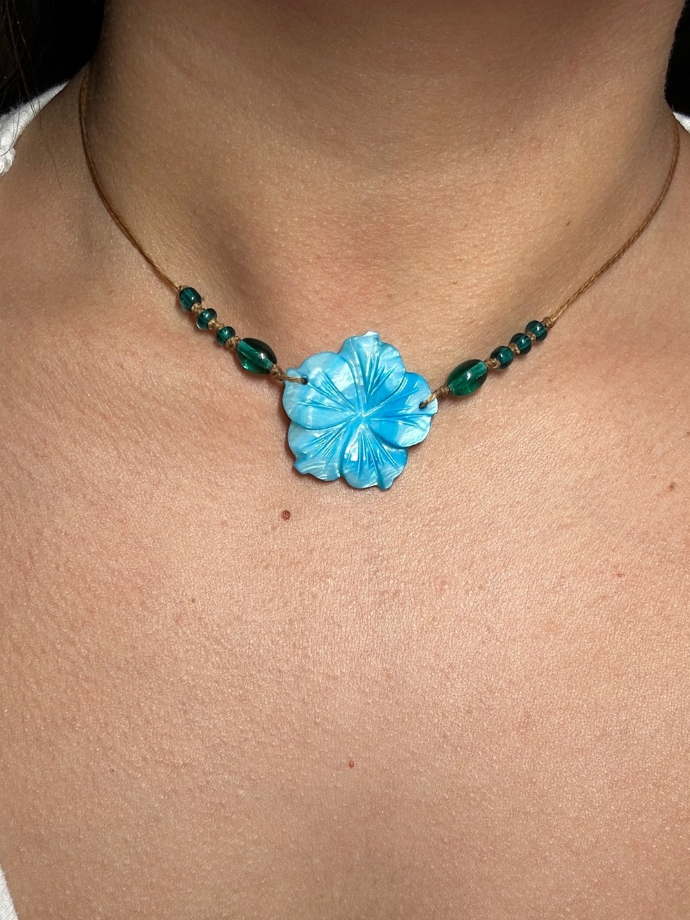 Hand Crafted aqua mother of pearl Blue Carved Flower Necklace cord boho czech